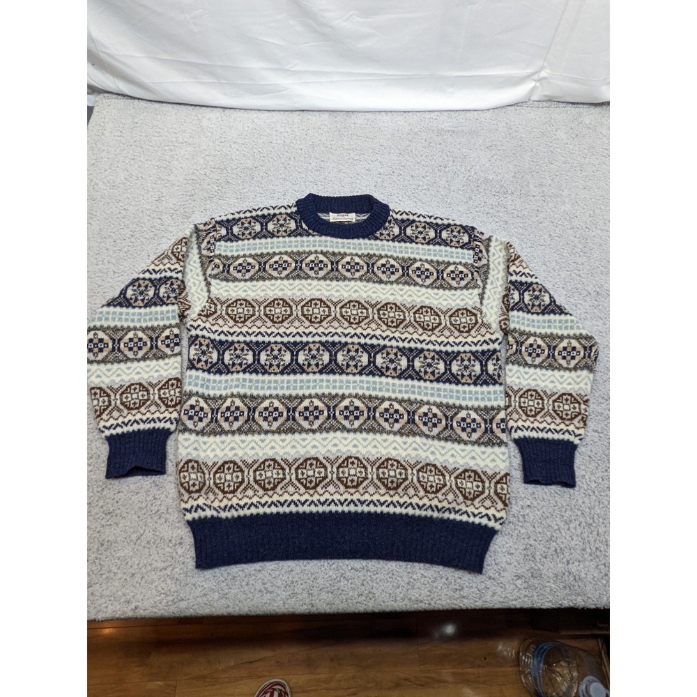 Vintage Sisley Italy Wool Fair Isle Nordic Sweater Mens Medium Geometric Grandpa